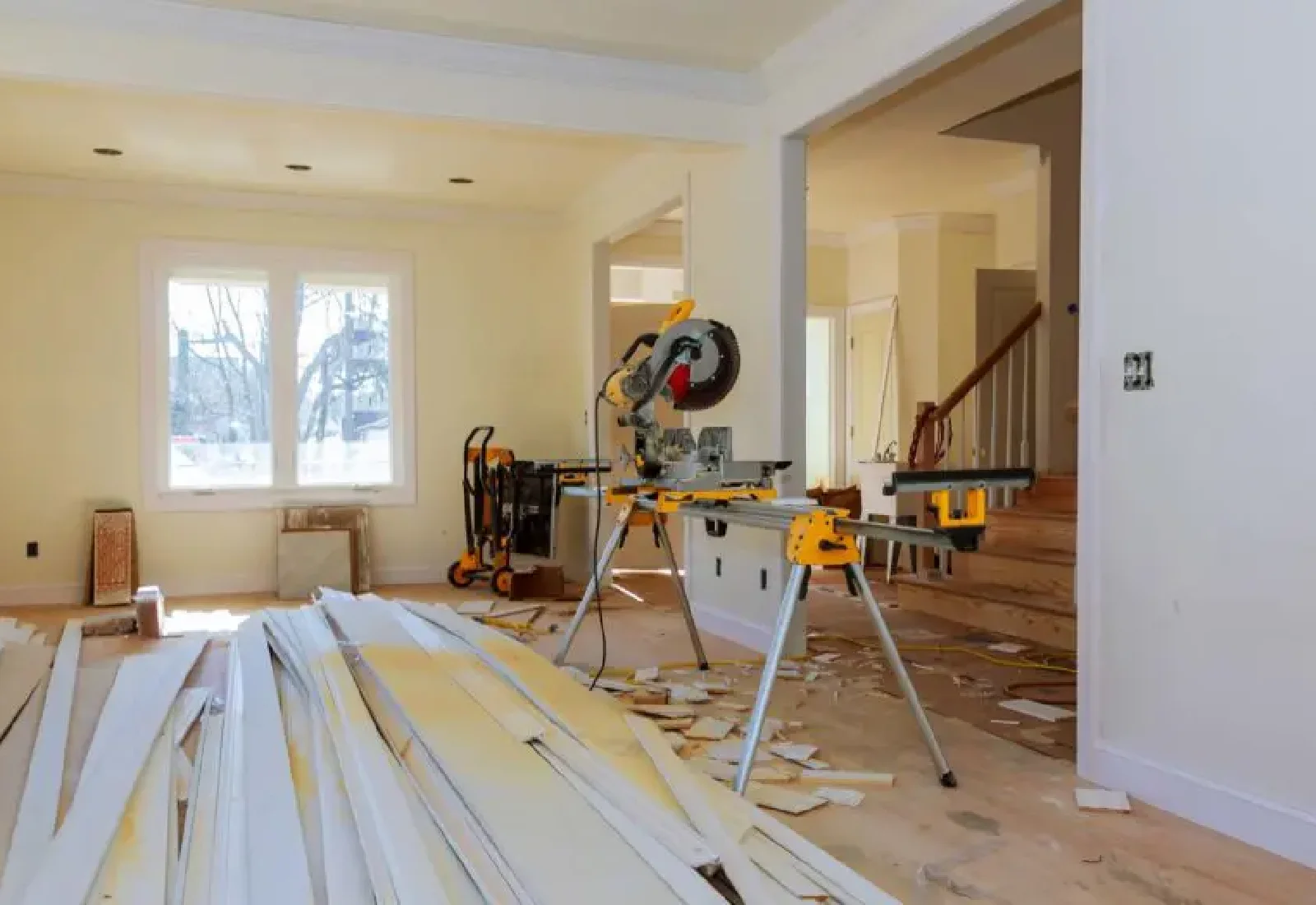 Structural repair and reconstruction work inside modern home
